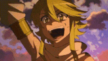 a close up of a cartoon character with yellow hair and green eyes screaming .