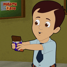 a cartoon of a boy holding a bar of chocolate with mighty raju written on the bottom