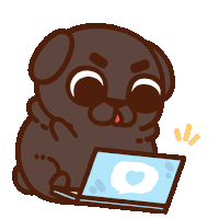 a pug dog is sitting in front of a laptop with a heart on the screen