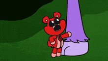 a cartoon red teddy bear is standing next to a purple animal .