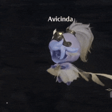 a video game character called avicinda is floating in the dark