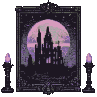 a picture of a castle in a frame with candles in front of it