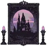 a picture of a castle in a frame with candles in front of it