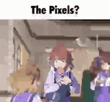 a cartoon of a girl standing in a hallway with the caption the pixels