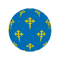 a blue and yellow circle with a globe and crosses on it
