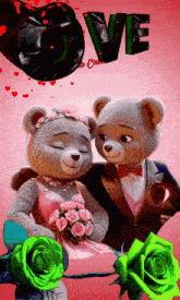 a couple of teddy bears standing next to each other with the word love in the background