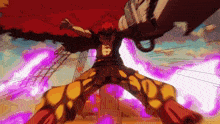 a man with red hair is standing on a pole with purple flames behind him