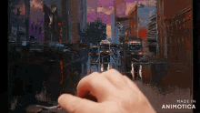 a hand is holding a spoon in front of a painting that was made in animotica