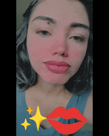 a close up of a woman 's face with a drawing of red lips on it