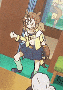 a cartoon of a girl in a yellow jacket and blue skirt dancing
