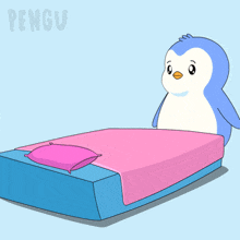 a cartoon of a penguin standing on a bed with the word pengu on the bottom