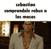 a man in a suit stands in front of a sign that says sebastian