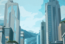 a drawing of a city with a cross on the top of one of the buildings