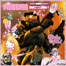a picture of a soldier with a hello kitty and a girly girl on it