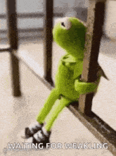 kermit the frog is sitting on a railing holding onto a metal pole .