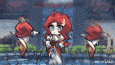 a blurry drawing of a girl with red hair and blue eyes with the word bilibili on the bottom right