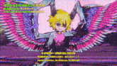 a cartoon of a girl with wings and horns holding a sword in a foreign language