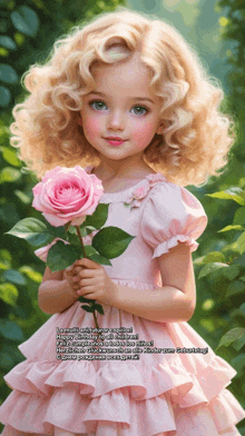 a little girl in a pink dress is holding a rose