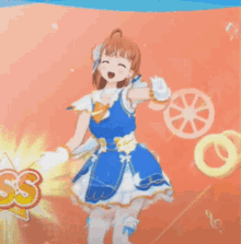 a girl in a blue and white dress stands in front of a sign that says ' ss '
