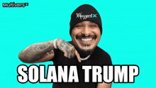a man wearing a black beanie and a black shirt with the name solana trump