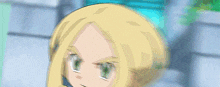a girl with blonde hair and green eyes is wearing a white tank top and a green wristband .