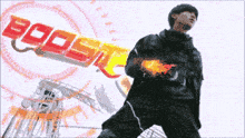 a man stands in front of a sign that says " boost "