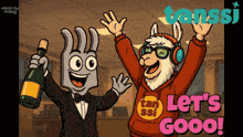 a cartoon of a hand and a llama holding a bottle of champagne