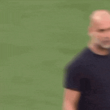 a bald man with a beard is wearing a black t-shirt and standing on a green field .