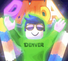 a cartoon character wearing sunglasses and a green sweater with the word denver on it
