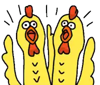 a cartoon of two chickens with their heads up