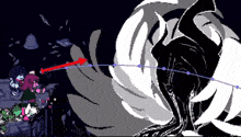 a black and white pixel art of a cartoon character with a red arrow pointing at it