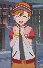 a cartoon character wearing a red and white jacket and a hat