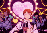 a group of anime characters in front of a pink heart