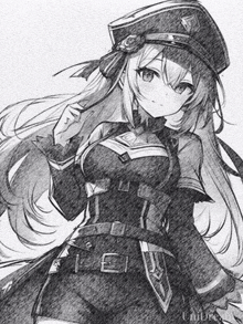 a black and white drawing of a girl wearing a hat and a dress .