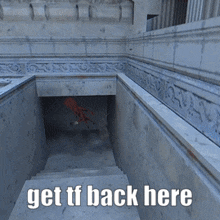 a staircase with the words get tf back here