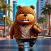 a teddy bear wearing a jacket and a necklace with a coin on it