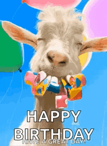 a goat with balloons in its mouth and the words `` happy birthday have a great day ''