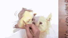 a drawing of a woman and a dog with colored pencils in the background