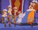 a group of cartoon characters are standing around a man in a blue costume