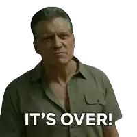 a man with his mouth open says it 's over in white letters
