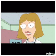 a cartoon of a woman with a stethoscope around her neck and a sign that says 147