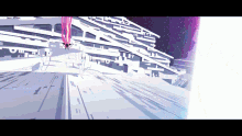 a cartoon drawing of a building with a purple sky in the background and a purple object in the foreground