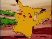 a yellow pikachu with red cheeks is dancing in a field