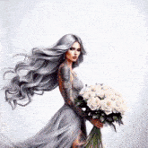 a woman with long gray hair and tattoos is holding a bouquet of white roses