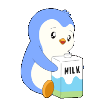 a penguin is holding a box of milk in its mouth