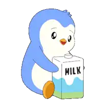 a penguin is holding a box of milk in its mouth