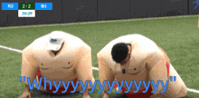 two sumo wrestlers on a field with the words " why yy yy yy yy " in blue