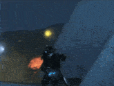 a video game scene with a robot standing in front of a large fire