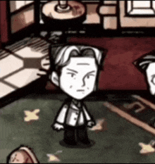 a black and white cartoon of a man in a suit standing in a room
