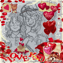 a picture of a man and a woman with hearts and the words love you